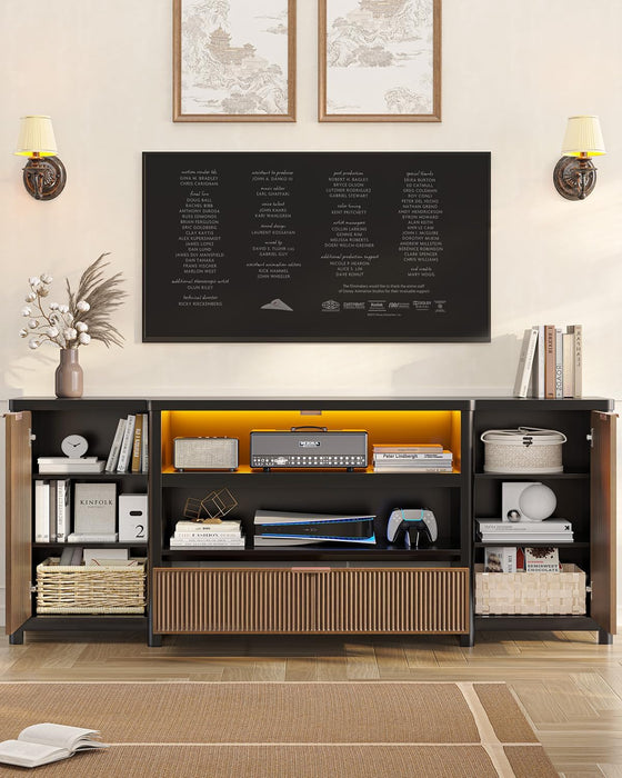 Fluted TV Stand for Living Room, 71” Heavy-Duty TV Console Cabinet with Storage and Shelf, Mid Century Modern Television Stands with Drawers for 60/65/70/75/80 TV, Black