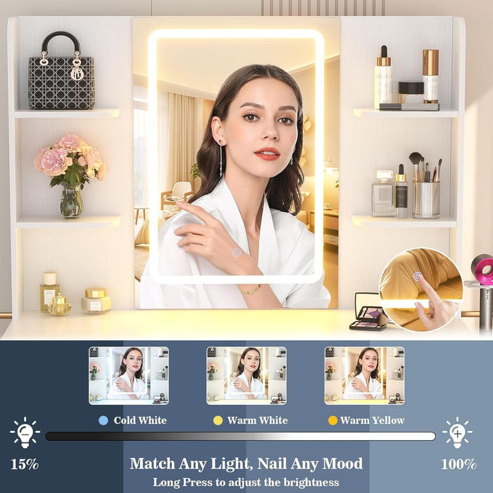 Vanity Desk with Mirror & Lights, 42" Large Farmhouse Vanity with RGB Lights & 3 Drawers, Makeup Dressing Table with Charging Station, 3 Lighting Modes for Women Girls Bedroom