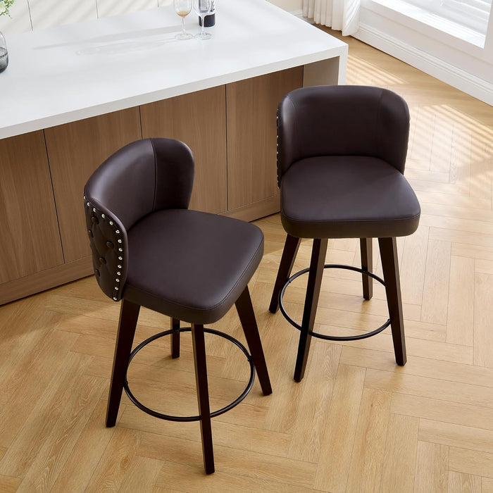 Swivel Bar Stool Set of 3, Faux Leather Low Back Counter Height Bar Stools, 27.5" Upholstered Tufted Counter Barstools with Wood Legs for Kitchen Island, Home Bar (Brown)