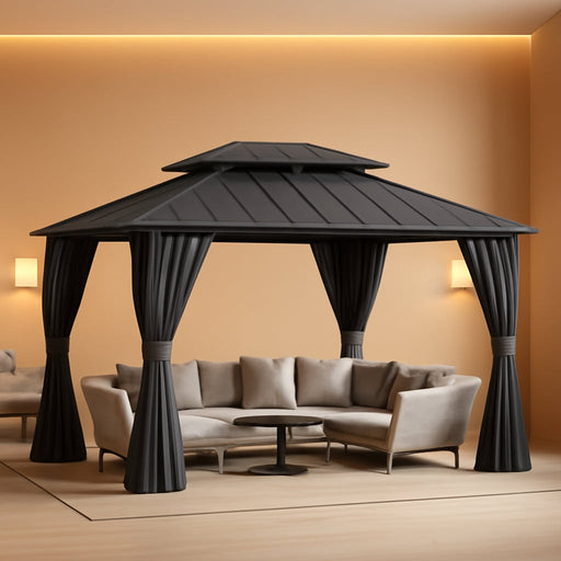 12'X14' Hardtop Gazebo, Permanent Patio Pavilion with Breathable Netting and Privacy Curtain for Dining Party, Grey