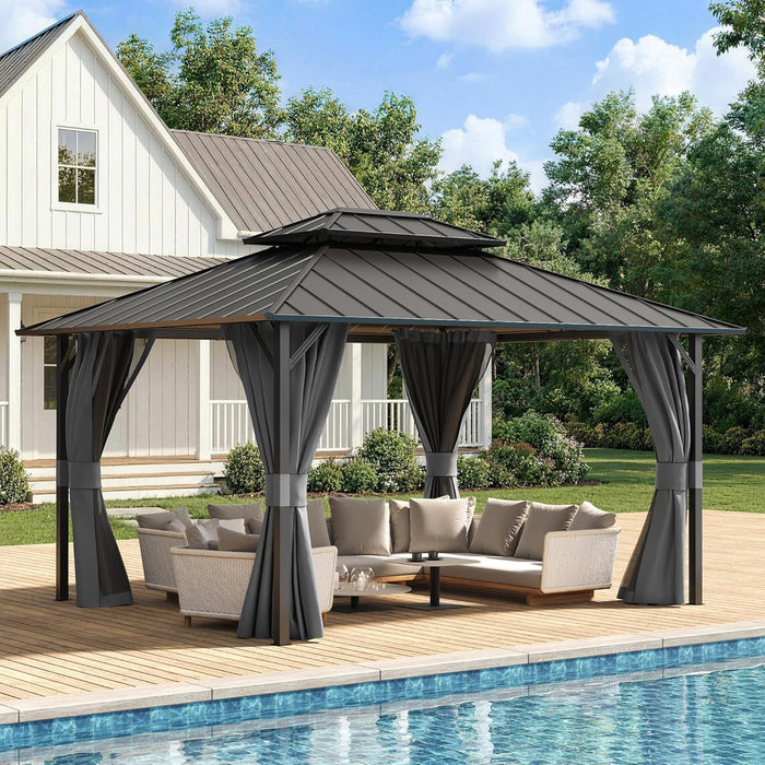 12'X14' Hardtop Gazebo, Permanent Patio Pavilion with Breathable Netting and Privacy Curtain for Dining Party, Grey
