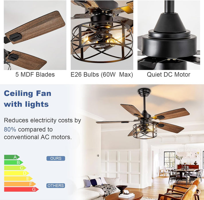 42-Inch Ceiling Fans with Lights: Caged Ceiling Fans Dual Finish 5 Blades - Rustic Ceiling Fan with Remote Control for Farmhouse Living Room Outdoor Porch (E26 Bulb Included)