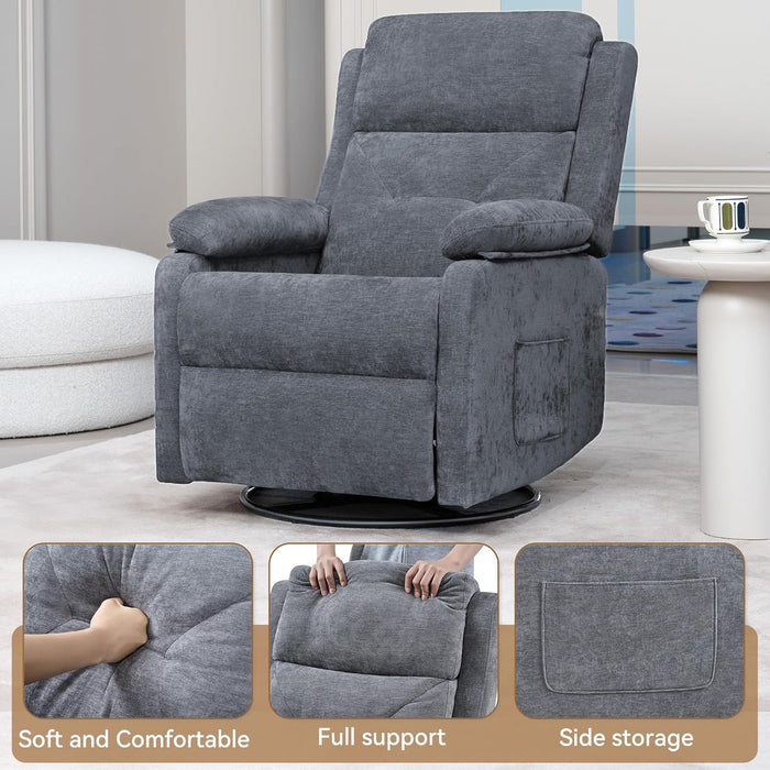 Swivel Rocker Recliner Chair with Adjustable Backrest and Footrest, Ultra-Comfy Fabric Reclining Chair, Glider Recliner with Lumbar Support & Overstuffed Arms, Chairs for Living Room (Grey)