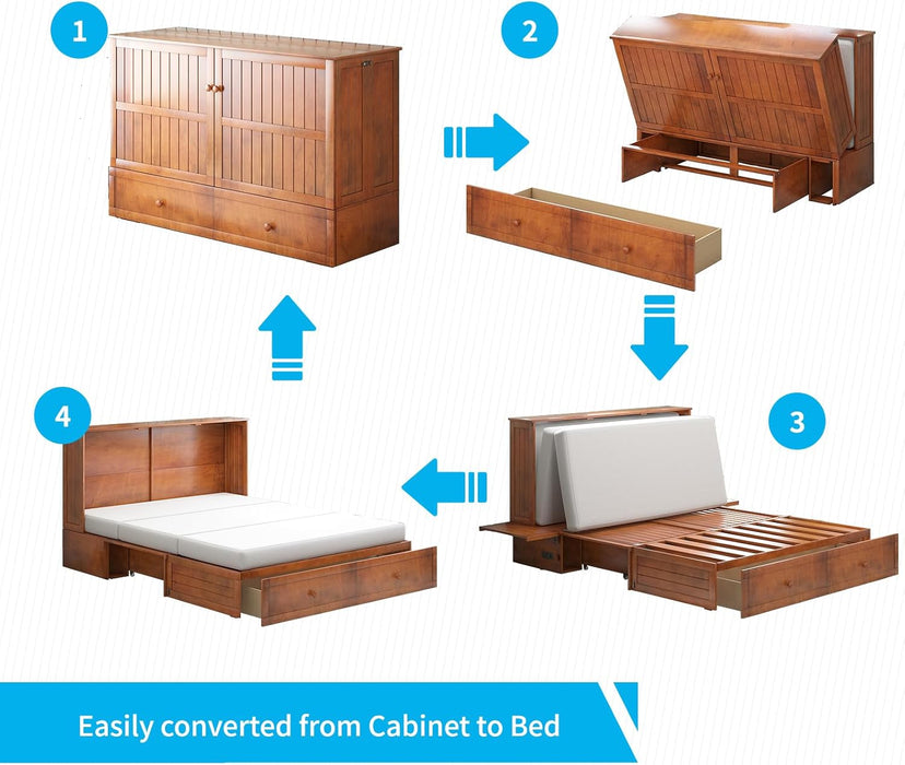 Queen Murphy Bed, Murphy Cabinet Bed with Tri-Folding Mattress and 2 Storage Drawers, Modern Cube Cabinet Beds with Built-In USB Charging Station for Living Room/Apartment, Cherry