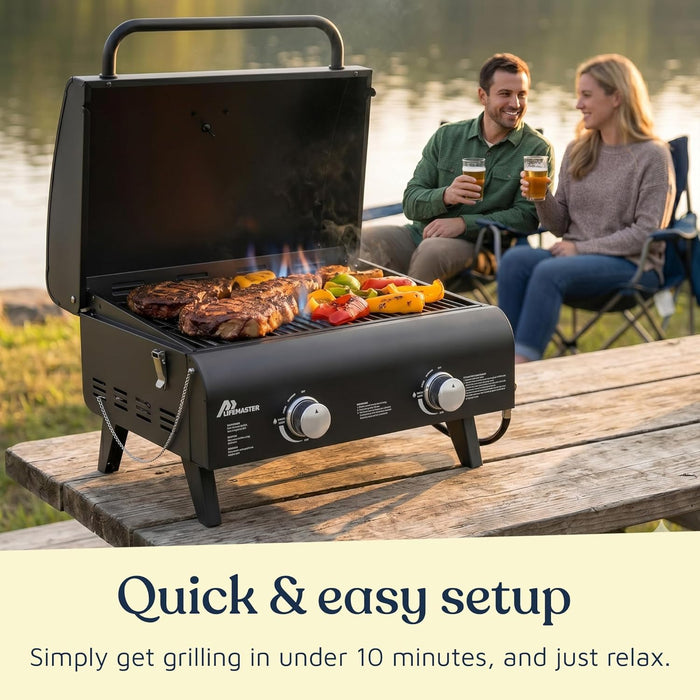 Black Portable Gas Grill, Dual 10,000 BTU Burners, 275 Sq.In Cooking Space, Push-To-Start Ignition, Wind-Proof Lid with Built-In Thermometer, Perfect for Camping Tailgates & Backyard BBQ Cookouts