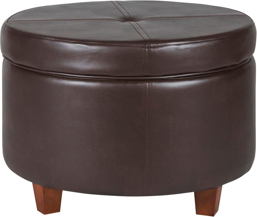 round Leatherette Storage Ottoman with Lid, Chocolate Brown Large