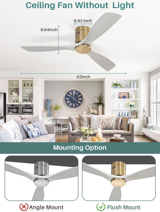 52 Inch Solid Wood Ceiling Fan without Lights Flush Mount Ceiling Fans with Remote Control, Wood Blades Modern Outdoor Ceiling Fan No Light for Bedroom/Farmhouse/Patio/Indoor, Grey Gold