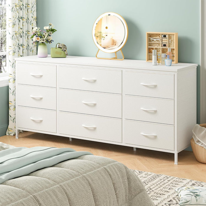 Dresser TV Stand with 9 Drawers for 60'' TV Stand for Bedroom Long Dresser for Bedroom Wide Dressers & Chests of Drawers, Sturdy Metal Frame & Wood Top, Living Room, Closet, White