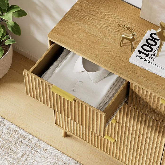 Fluted 9 Drawer Dresser for Bedroom, 55" Wide Modern Chest of Drawers with Curved Profile Design and Metal Handles, Wood Dresser TV Stand & Storage Organizer for Bedroom, Hallway, Oak