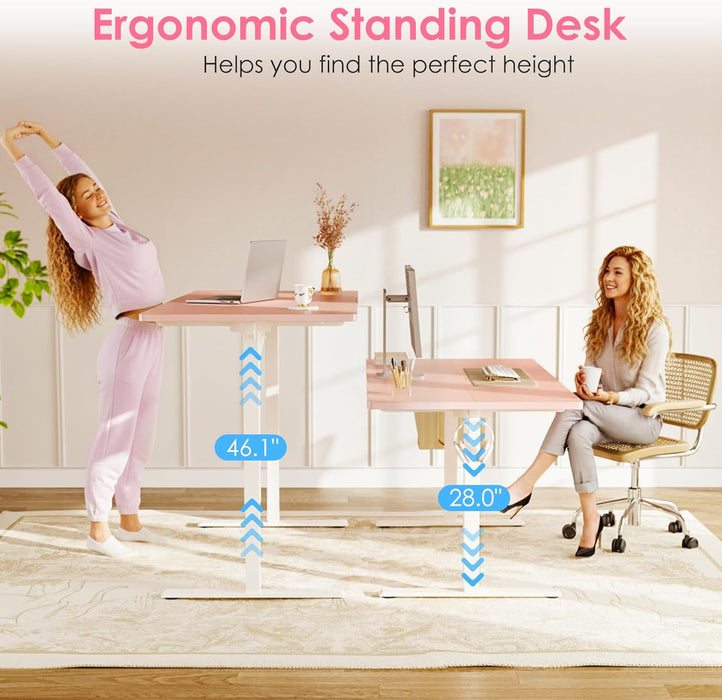 Electric Height Adjustable Standing Desk, 48 Inch Pink Computer Desk for Women Girls, Sit Stand Table for Home, Office, Bedroom