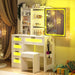 Vanity with LED Mirror, 6 Drawer Dresser with Charging Station for Bedroom, Small Makeup Vanitys Table with RGB Light, Vanity Set with Chair,Jewelry Organizer for Girls-White