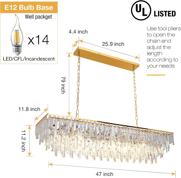 47" Modern Rectangle Crystal Chandelier, Gold Linear Pendant Light with Clear Crystal Prisms, Luxury Island Lighting Fixture for Dining Room Kitchen Table Living Room