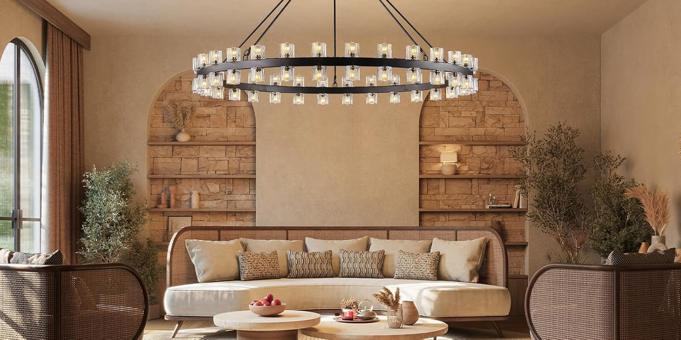 60 Inch Black Wagon Wheel Chandelier with Crystal Shade, 60 Lights, Large round Modern Farmhouse Style, Perfect for High Ceiling, Dining Room, Kitchen, Entryways, Foyer