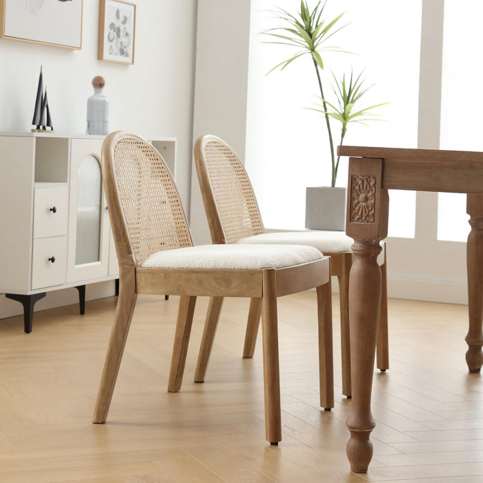 Mid Century Dining Chairs Set of 4, Accent Rattan Side Chairs Sherpa Fabric Kitchen Chair with Solid Wooden Legs for Living Room Dining Room, White