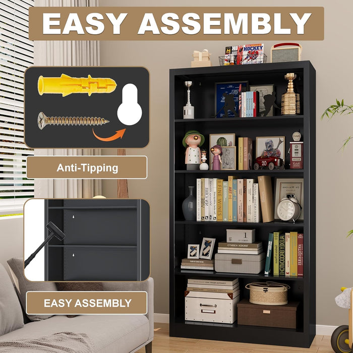 55” Tall 5 Tier Bookshelf with Adjustable Shelves