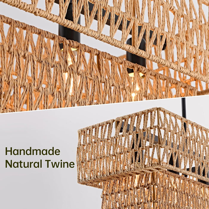 Six Light Boho Rattan Rectangular Pendant Chandelier