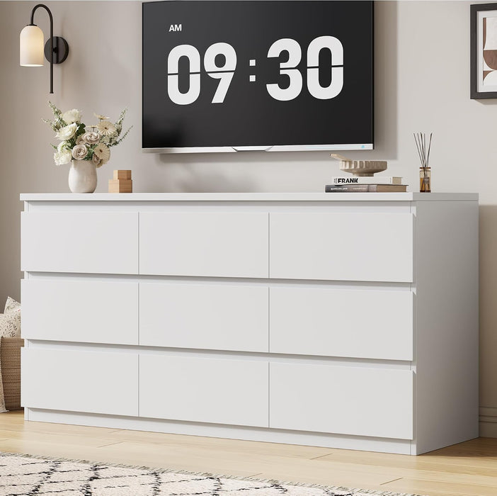 Modern 9 Drawer Dresser for Bedroom, Simply Chest of Drawers, Wood Storage Dresser with Deep Drawers for Living Room Hallway Entryway (White)