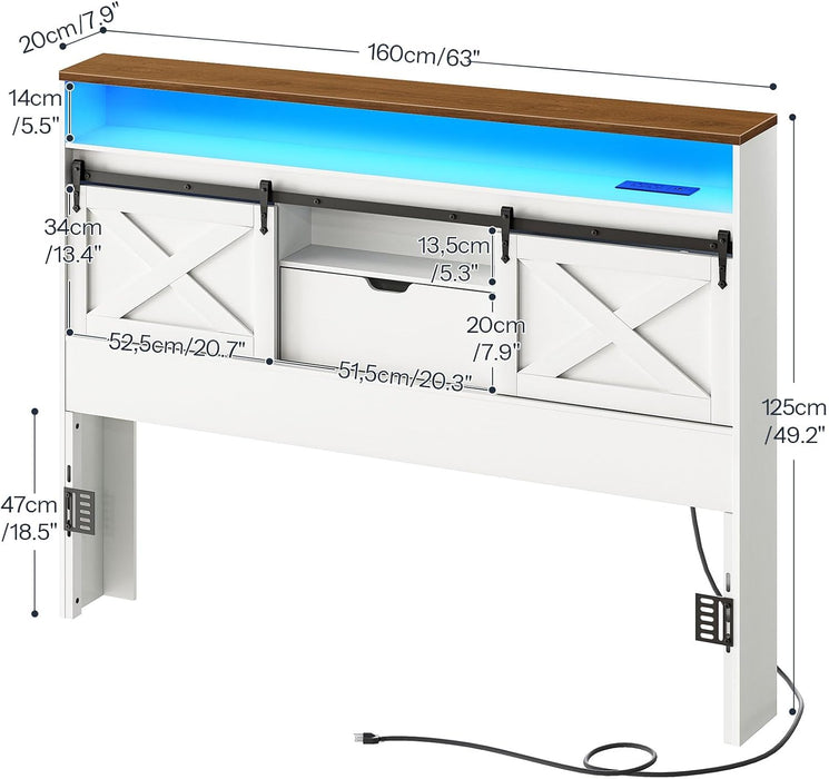 Headboard Queen Size with Storage, Farmhouse Queen Headboard Only with Charging Station and LED Lights, Bookcase Headboards with Flip-Down Drawer, Sliding Barn Doors, White and Walnut
