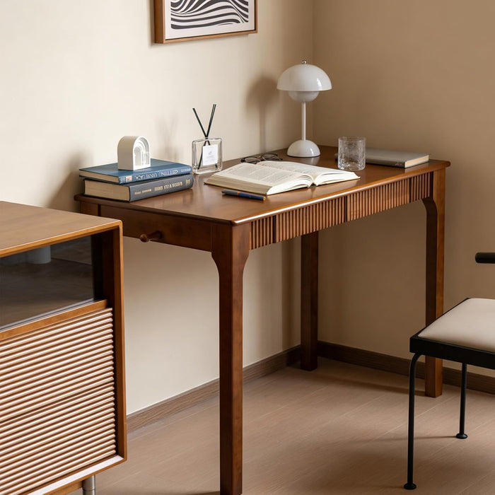 100% Solid Wood Desk with Drawers, Small Home Office Writing Wooden Desk, Vintage Wood Desk for Small Spaces, Bedroom, Work Study Computer Table with Fluted Design and Hooks(Walnut)