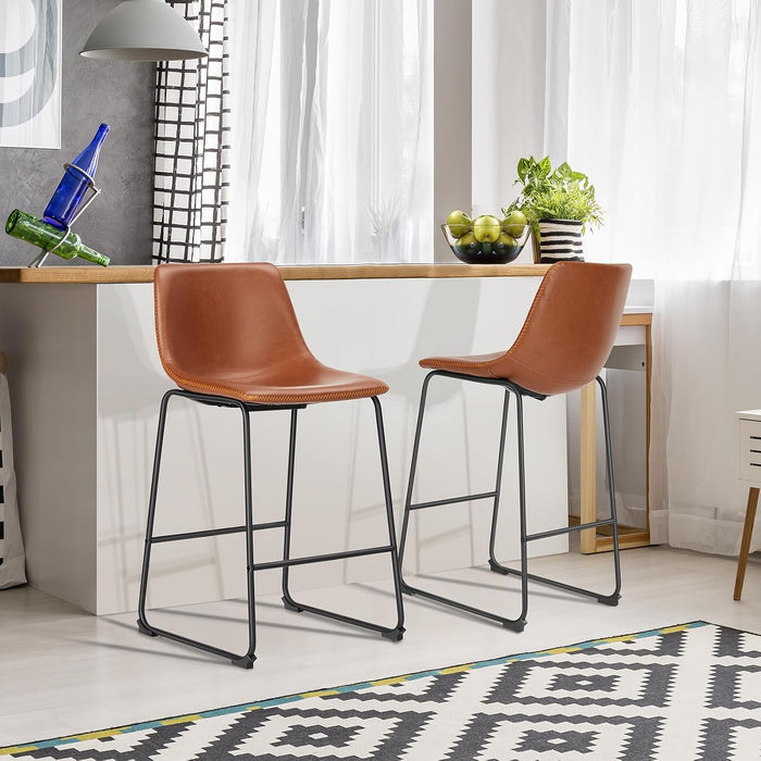 Bar Stools Set of 2, Faux Leather Barstools with Metal Legs | Counter Height 30 Inch Design, Armless with Back, Comfortable, Modern Finish, Kitchen Island, Brown