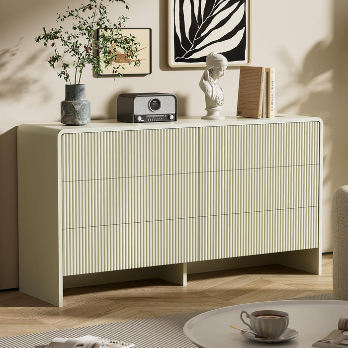 55" Wide Modern Dresser for Bedroom, 6 Drawer Chest of Drawers with Curved Design, Push-To-Open Storage Dresser, Beige