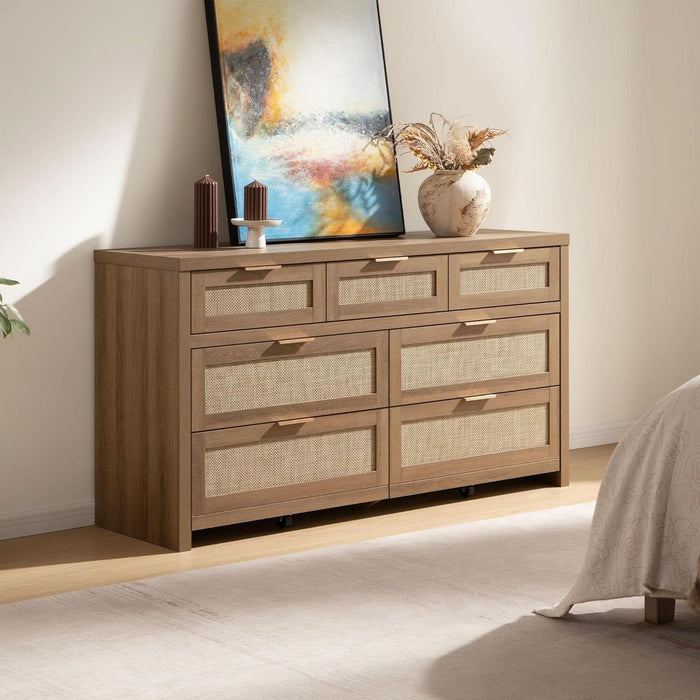 7 Drawer Dresser for Bedroom, 57" Wide Rattan Dressers, Large Chest of Drawers for Bedroom, Dresser TV Stand, Boho Closet Organizer (Reclaimed Caramel Oak, 7 Drawers (1 Pc))