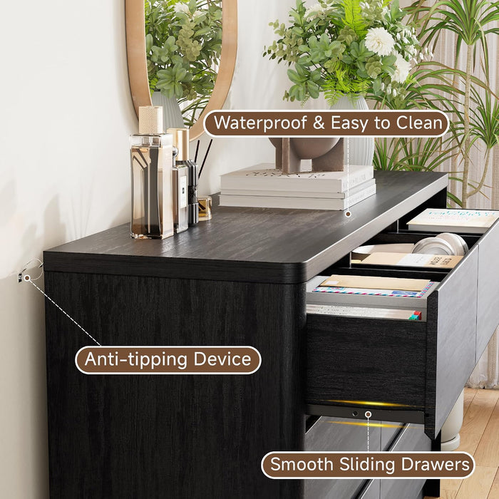 Modern 7 Drawers Dresser for Bedroom, 55" Wide Bedroom Dressers & Chest of Drawers W/Curved Profile, Mid Century Wood Dressers with Handleless Design, Large Dresser for Bedroom Living Room
