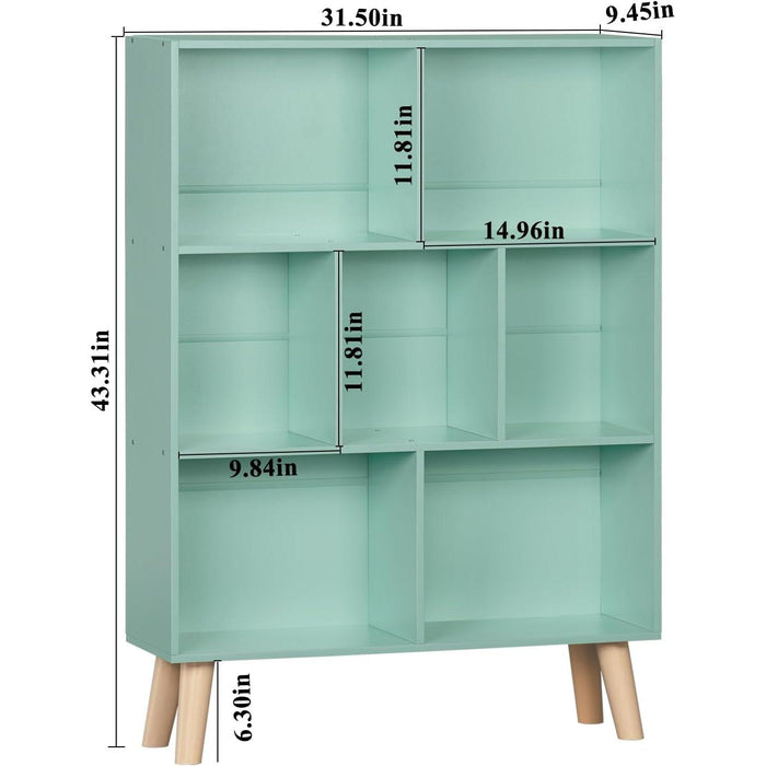 7 Cube Bookshelf 3-Tier Bookcase with Legs, Mint-Green Kids Book Shelf Cute Storage Organizer, Toy Shelves Bookshelves,Wood Display Bookcases