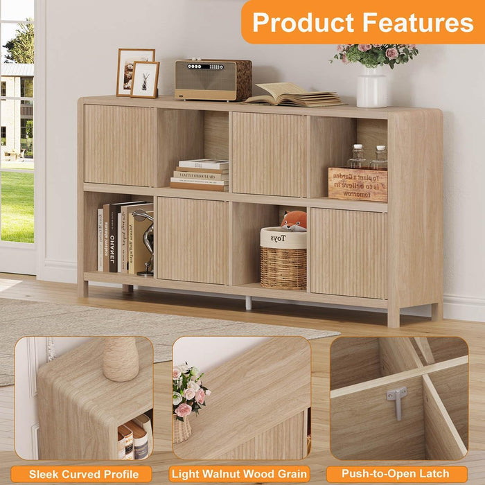 8 Cube Storage Organizer Bookshelf with Storage, 57 Inch Horizontal Bookcase with 4 Doors, Long Wooden Book Shelf for Living Room, Home Office (Light Walnut)