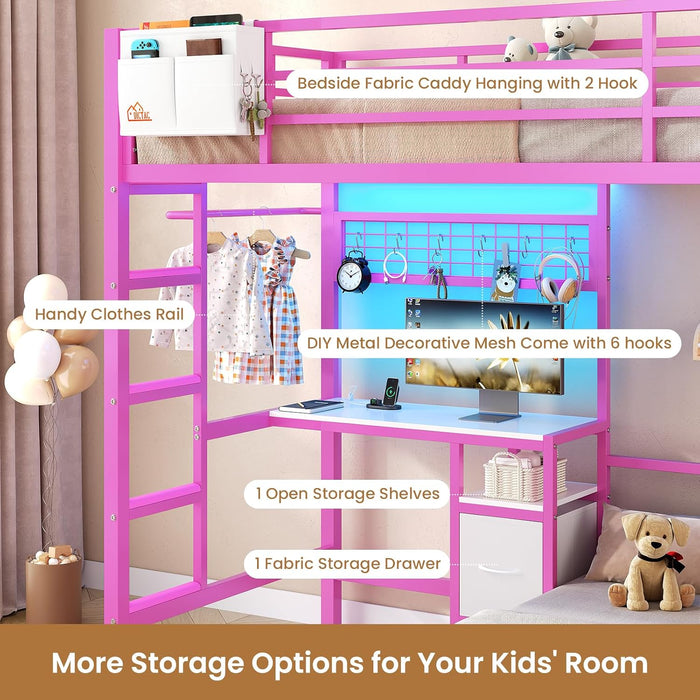 Bunk Bed Twin over Twin with Desk and Storage Metal L-Shaped Bunk Beds with Led Lights & Charging Station,Pink Bunk Beds for Kids with Safety Guardrail and Ladder,Girls Bed,No Box Spring Needed