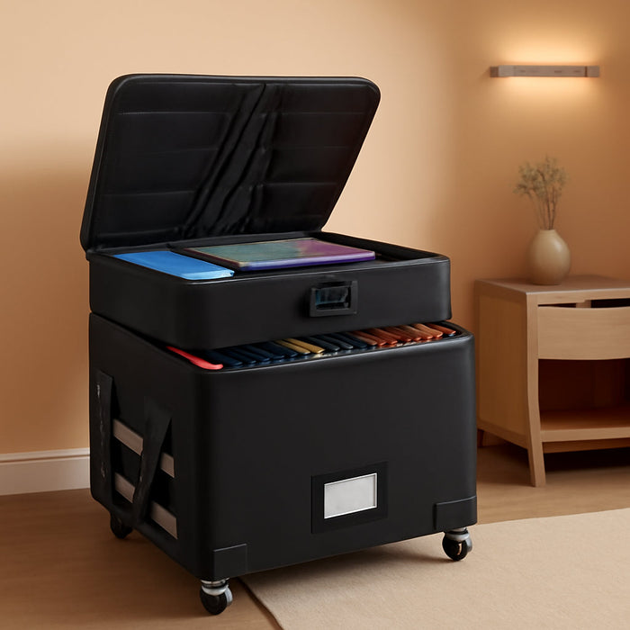 File Box with Lock, Multi-Layer Fireproof Document Box with Wheels,Collapsible Rolling File Storage Organizer Box with Pockets,Large Portable Home Office Filing Cabinet for Hanging Folders