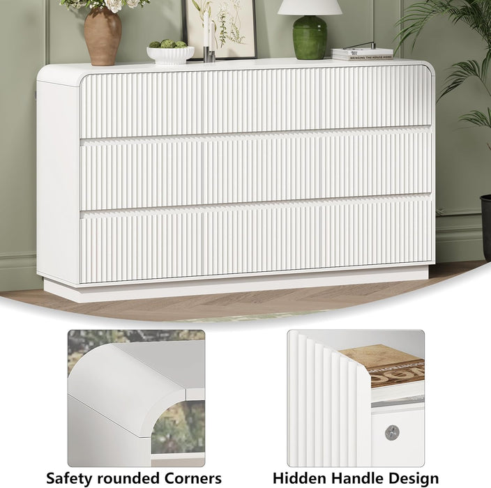 White Dresser Fluted 9 Drawers Dresser for Bedroom, 59" Wide Wood Chest of Drawers with Hidden Handles & Rounded Corners, Modern TV Stand Storage Cabinet for Living Room, Hallway, Entryway