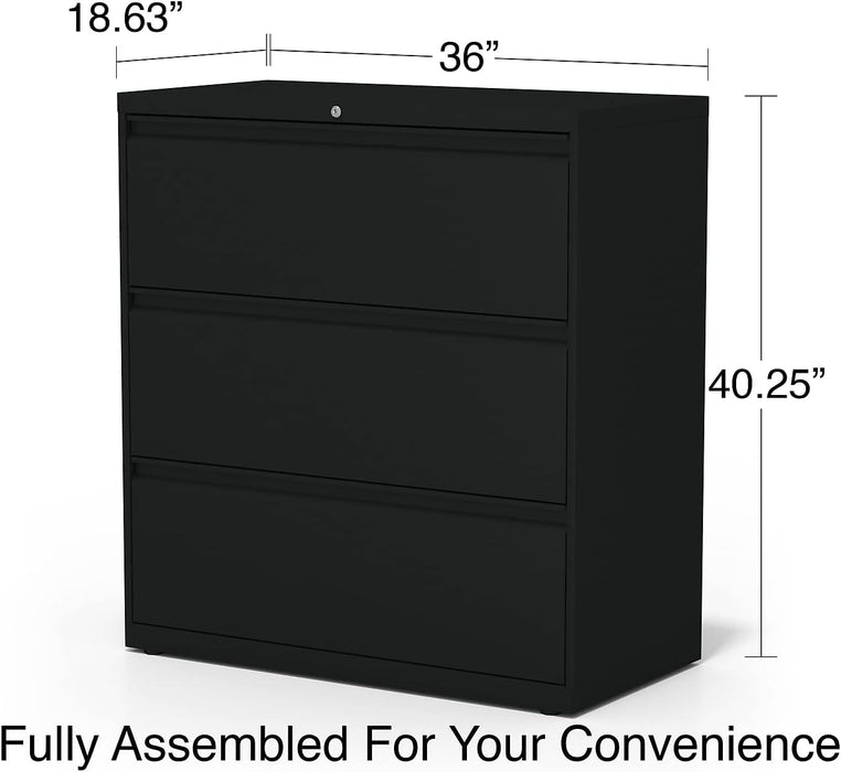 3-Drawer Lateral File Cabinet, 36 Inch Wide, Locking, Black