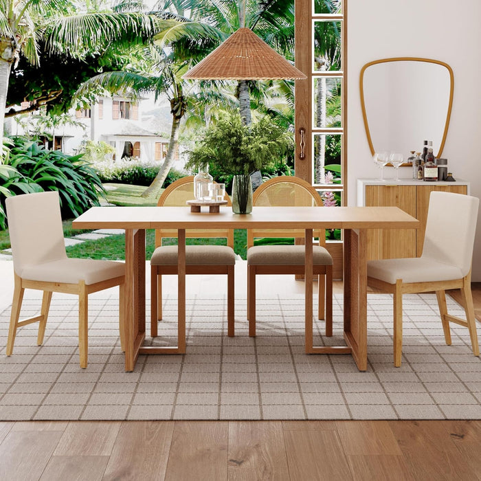 Willow Boho Dining Table for 6 with Solid Wood Legs, 6-Person Natural Wood Dining Table, Warm Pine or Brown Dining Table with Bohemian Rattan Accent
