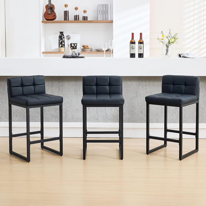 Bar Stools Set of 3, Upholstered Faux Leather Counter Height Barstools with Low Back and Thickened Metal Legs, Modern Bar Chairs for Kitchen Island, Bar (Black, 3Pcs 26" Counter Stools)