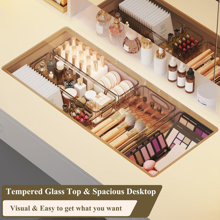 Vanity Desk with Mirror and Lights, 45.3'' Large Makeup Vanity with Glass Top & Power Outlet, White Vanity Table with 3 Drawers & 2 Cabinets & Hidden Storage Shelves, 3 LED Lighting Modes