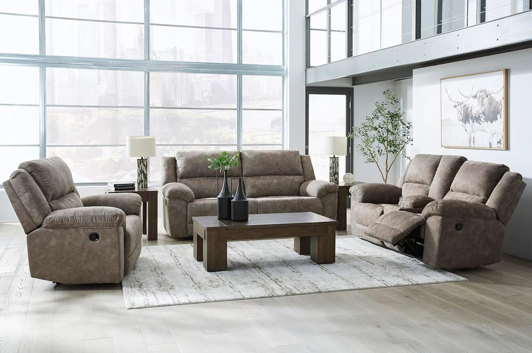 Laresview Contemporary Faux Leather Manual Double Reclining Loveseat with Console, Storage and Cup Holders, Gray