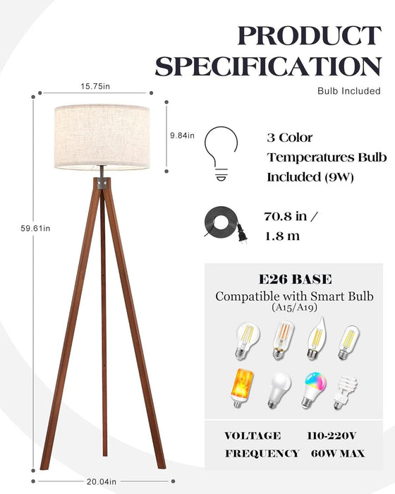 Solid Wood Tripod Floor Lamp with 3 Color Temperatures LED Bulb, Mid Century Modern Reading Standing Light Nature Linen Shade Tall Night Light for Bedroom Living Room Office Study Room, Brown