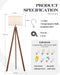 Solid Wood Tripod Floor Lamp with 3 Color Temperatures LED Bulb, Mid Century Modern Reading Standing Light Nature Linen Shade Tall Night Light for Bedroom Living Room Office Study Room, Brown