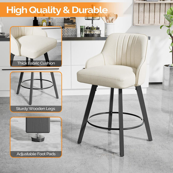 26" H Swivel Barstools Counter Height Bar Stool Set of 2, Beige | Linen Fabric Upholstered, Modern Counter Stool with Back, Kitchen High Chairs, Solid Wood Legs, Easy to Install