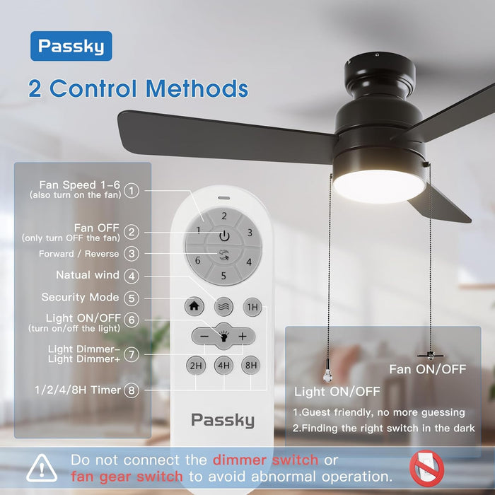 Ceiling Fans with Lights, 42 Inch Low Profile Ceiling Fan with Pull Chain and Remote Control, Flush Mount, Reversible, 3CCT, Dimmable, Noiseless, Black Pull Cord Ceiling Fan for Bedroom