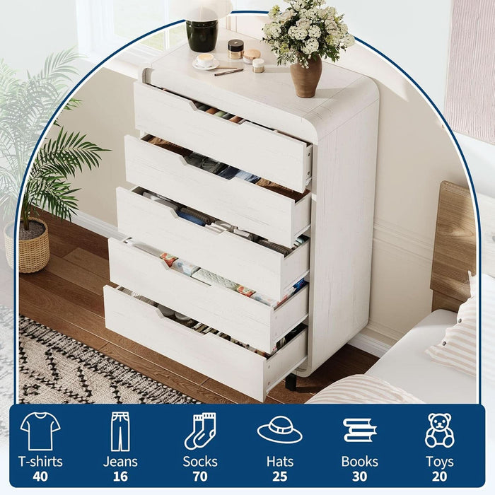 White Five Drawer Tall Wooden Contemporary Dresser