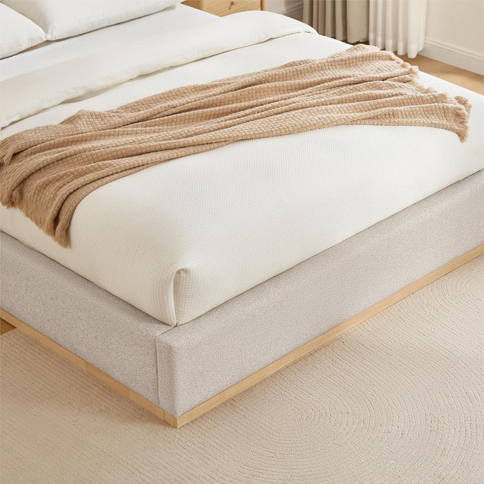 Upholstered Queen Size Bed Frame, Boucle Fabric Platform Bed Mattress Foundation Noise-Free No Box Spring Needed Easy Assembly