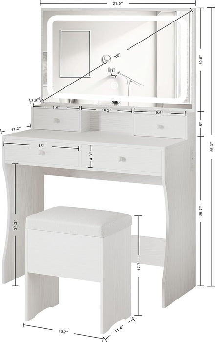 Vanity Desk with LED Lighted Mirror & Power Outlet, Makeup Vanities Table with 4 Drawers,Storage Bench,Dressing Table for Bedroom White