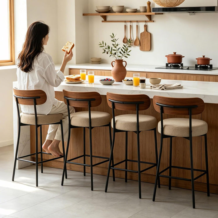 Bar Stools Set of 3 Boucle Seat Chair with Wood Back | 24 Inch,Upholstered,Metal Frame,Foot Rest,Light Brown,Mid Century Modern Barstools for Kitchen Island Dining Room