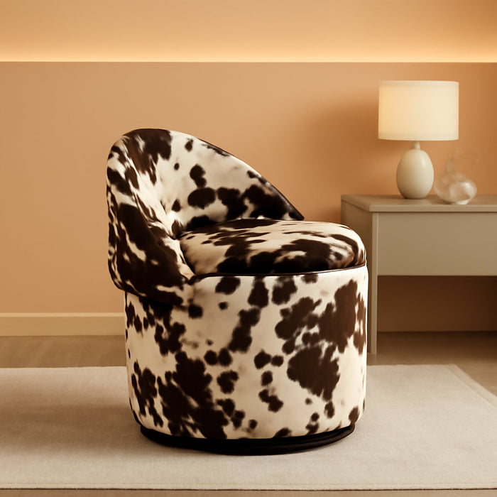 Modern Swivel Ottoman Vanity Chair, Linen Upholstered Barrel Club 360°Degree Swivel Side Stool with Storage, Comfy Makeup Stool for Bedroom Living Room, Milk Cow