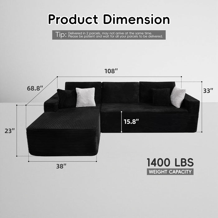 108 Inches LeftFacing HighEnd Sectional Sofa Black