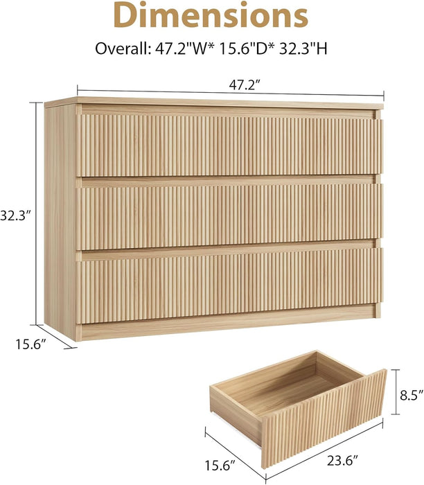 6 Drawer Fluted Dresser, Modern Chest of Drawers for Bedroom with Hidden Handles, Wood Storage Organizer Cabinet for Living Room & Entryway, Oak (15.7" D X 47.3" W X 31.6" H)
