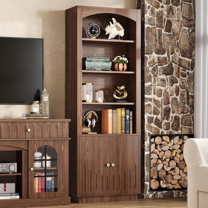 Book Shelf and Bookcases with Doors Floor Standing 6 Shelf Display Storage Shelves, 70.8" Tall Bookcase for Home Office, Living Room, Mid-Century Modern, Walnut Brown