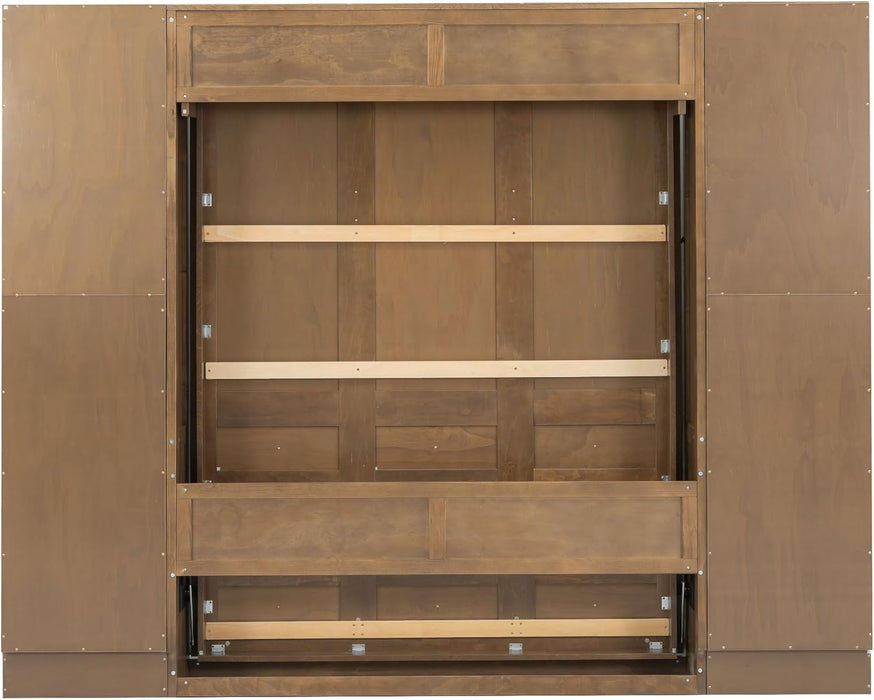 Queen Size Murphy Bed, Farmhouse Wall Bed Frame with Storage Shelves and Cabinets, Can Be Folded into a Cabinet, No Box Spring Needed, Wood